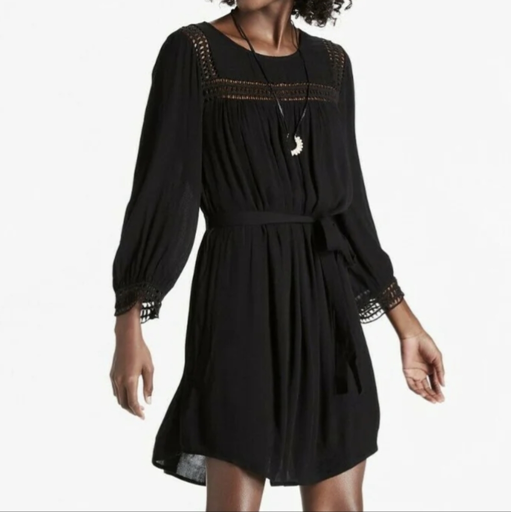 Lucky Brand Black Boho Geo Crochet Lace Short Tunic Mini Dress medium